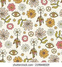 Seamless pattern print for fabric, stationery, wallpaper, textile in retro vintage boho hand drawn style with retro elements 60s 70s 