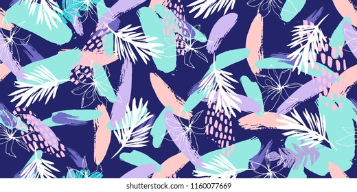 Seamless Pattern Print , Fashion Print with Hand Drawn Brush Strokes and Tropical Nature . 