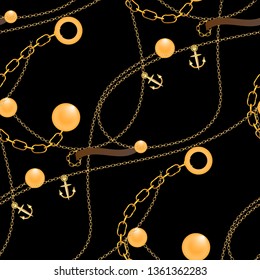 Seamless pattern print with golden chain belts and braid. Fabric design. 