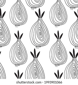 Seamless pattern. Print with graphic onion. Doodle sketch