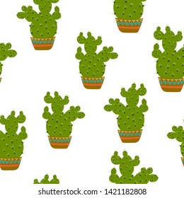 Seamless pattern, print, green cactus in a pot, white background, wallpaper, textile design, vector illustration