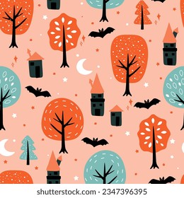 Seamless pattern with a print for the Halloween holiday. Autumn forest with fantasy houses, bats. Vector graphics.