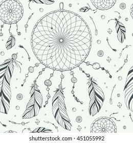 Seamless Pattern / Print With Hand Drawn Native Indian / American Dream Catcher. Bohemian Style Vector Illustration.