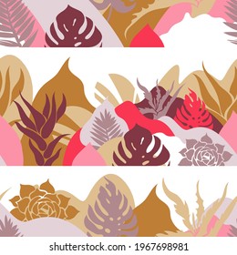 Seamless pattern. A print with a hilly landscape in which palm trees, cacti and succulents grow. Botanical tropical garden. Environmental protection. Vector illustration.