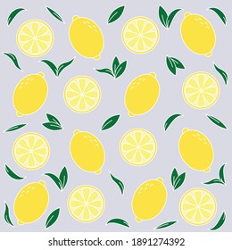 Seamless pattern print with lemons, slices and leaves on gray background. Summer wallpaper with juicy citrus fruit