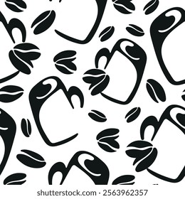 seamless pattern with a print of a long rectangular cup and coffee beans placed randomly, for different packaging, textiles or different designs