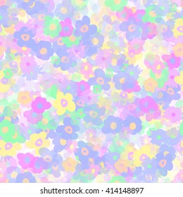 Seamless pattern with  print of multi-color colorful flowers. Gentle pink, blue, green and yellow artistic vector illustration. Bright freehand floral wrapping.
