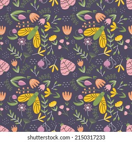 Seamless pattern for print on fabric. Cute floral motif. Butterfly and moth on dark background. Vector doodle wallpaper for nursery. Ornament with cute flower.