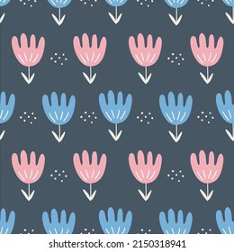 Seamless pattern for print on fabric. Cute floral motif. Blue and pink flowers on dark background. Vector doodle wallpaper for nursery.