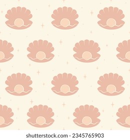 Seamless pattern print with pink pearl shell illustration