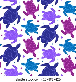 Seamless pattern. Print of pink, purple, blue turtles on white background. Can use in textile or decorative design of paper.
