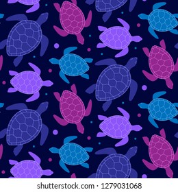 Seamless pattern. Print of pink, purple, blue turtles on dark background Can use in textile or decorative design of paper.