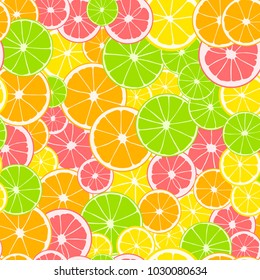 Seamless pattern. Print of slices of green lime, yellow lemon, pink grapefruit and orange. Citrus fruit background.