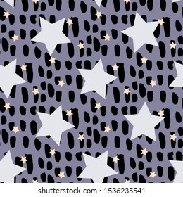 Seamless Pattern Print with Stars Texture and Brush Strokes Background. Composition, Illustration for Surface, Invitation, Notebook, Banner, Wrap Paper, Textiles, Cover, Magazine, Postcard 