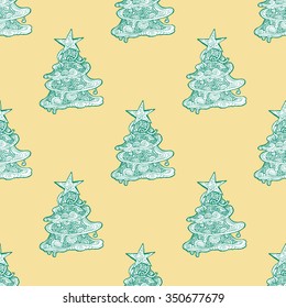 Seamless pattern for print textile design or paper wrapping.Merry Christmas doodles with xmas tree