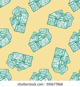 Seamless pattern for print textile design or paper wrapping.Merry Christmas doodles with Santa's gift box