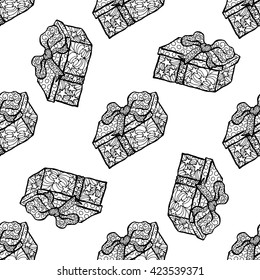 Seamless pattern for print textile design or paper wrapping.Merry Christmas doodles with Santa's gift box