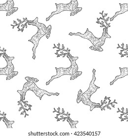 Seamless pattern for print textile design or paper wrapping. Jumping Deer silhouette with decorative ornament, Merry Christmas Ornaments