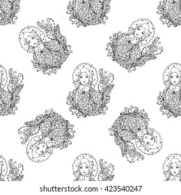 Seamless pattern for print textile design or paper wrapping.Merry Christmas doodles with Snow Maiden lady