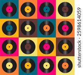 Seamless pattern print wallpaper with vinyl record discs music illustration vector retro style 60s, 70s, 80s, design art background for paper, textile, pack etc.	
