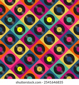 Papel de parede de impressão padrão sem costura com discos de vinil música ilustração vetor estilo retro 60s, 70s, 80s, fundo de arte de design para papel, têxtil, pacote etc. 