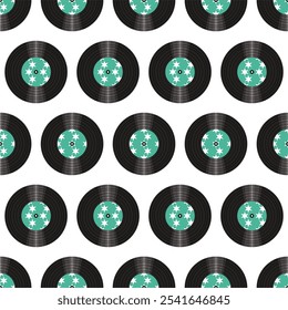 Seamless pattern print wallpaper with vinyl record discs music illustration vector retro style 60s, 70s, 80s, design art background for paper, textile, pack etc. 