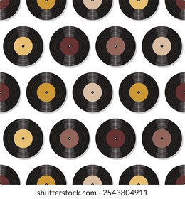 Seamless pattern print wallpaper with vinyl record discs music illustration vector retro style 60s, 70s, 80s, design art background for paper, textile, pack etc. 