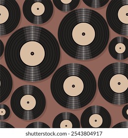 Seamless pattern print wallpaper with vinyl record discs music illustration vector retro style 60s, 70s, 80s, design art background for paper, textile, pack etc. 