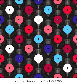 Seamless pattern print wallpaper with vinyl record discs music illustration vector retro style 60s, 70s, 80s, design art background for paper, textile, pack etc.	
