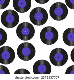 Seamless pattern print wallpaper with vinyl record discs music illustration vector retro style 60s, 70s, 80s, design art background for paper, textile, pack etc.	
