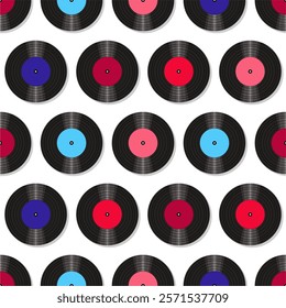 Seamless pattern print wallpaper with vinyl record discs music illustration vector retro style 60s, 70s, 80s, design art background for paper, textile, pack etc.	
