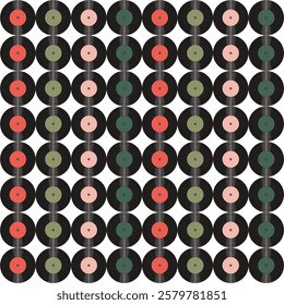 Seamless pattern print wallpaper with vinyl record discs music illustration vector retro style 60s, 70s, 80s, design art background for paper, textile, pack etc.	
