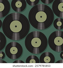 Seamless pattern print wallpaper with vinyl record discs music illustration vector retro style 60s, 70s, 80s, design art background for paper, textile, pack etc.	
