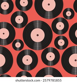 Seamless pattern print wallpaper with vinyl record discs music illustration vector retro style 60s, 70s, 80s, design art background for paper, textile, pack etc.	
