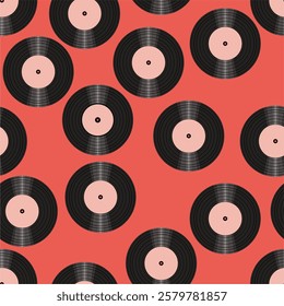 Seamless pattern print wallpaper with vinyl record discs music illustration vector retro style 60s, 70s, 80s, design art background for paper, textile, pack etc.	
