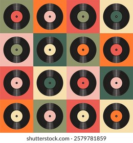 Seamless pattern print wallpaper with vinyl record discs music illustration vector retro style 60s, 70s, 80s, design art background for paper, textile, pack etc.	
