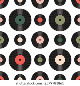 Seamless pattern print wallpaper with vinyl record discs music illustration vector retro style 60s, 70s, 80s, design art background for paper, textile, pack etc.	
