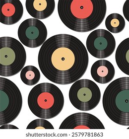 Seamless pattern print wallpaper with vinyl record discs music illustration vector retro style 60s, 70s, 80s, design art background for paper, textile, pack etc.	
