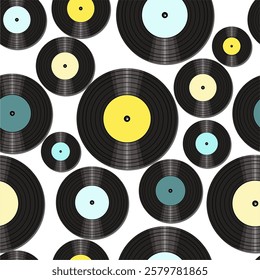 Seamless pattern print wallpaper with vinyl record discs music illustration vector retro style 60s, 70s, 80s, design art background for paper, textile, pack etc.	
