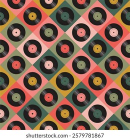 Seamless pattern print wallpaper with vinyl record discs music illustration vector retro style 60s, 70s, 80s, design art background for paper, textile, pack etc.	
