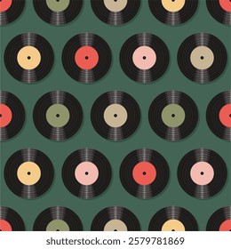 Seamless pattern print wallpaper with vinyl record discs music illustration vector retro style 60s, 70s, 80s, design art background for paper, textile, pack etc.	
