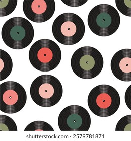 Seamless pattern print wallpaper with vinyl record discs music illustration vector retro style 60s, 70s, 80s, design art background for paper, textile, pack etc.	
