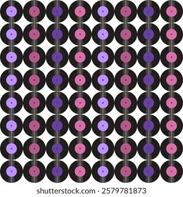 Seamless pattern print wallpaper with vinyl record discs music illustration vector retro style 60s, 70s, 80s, design art background for paper, textile, pack etc.	
