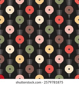 Seamless pattern print wallpaper with vinyl record discs music illustration vector retro style 60s, 70s, 80s, design art background for paper, textile, pack etc.	
