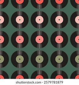 Seamless pattern print wallpaper with vinyl record discs music illustration vector retro style 60s, 70s, 80s, design art background for paper, textile, pack etc.	
