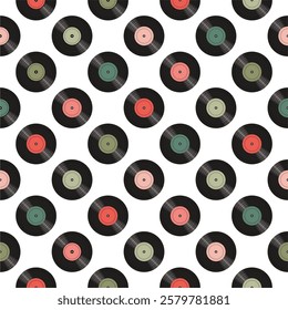 Seamless pattern print wallpaper with vinyl record discs music illustration vector retro style 60s, 70s, 80s, design art background for paper, textile, pack etc.	
