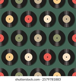 Seamless pattern print wallpaper with vinyl record discs music illustration vector retro style 60s, 70s, 80s, design art background for paper, textile, pack etc.	
