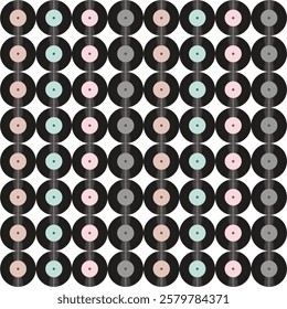 Seamless pattern print wallpaper with vinyl record discs music illustration vector retro style 60s, 70s, 80s, design art background for paper, textile, pack etc.