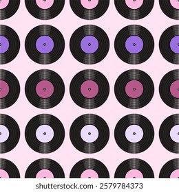 Seamless pattern print wallpaper with vinyl record discs music illustration vector retro style 60s, 70s, 80s, design art background for paper, textile, pack etc.