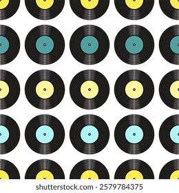 Seamless pattern print wallpaper with vinyl record discs music illustration vector retro style 60s, 70s, 80s, design art background for paper, textile, pack etc.